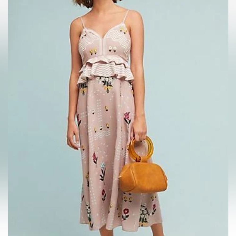Anthropologie Light Mauve Floral Midi Dress